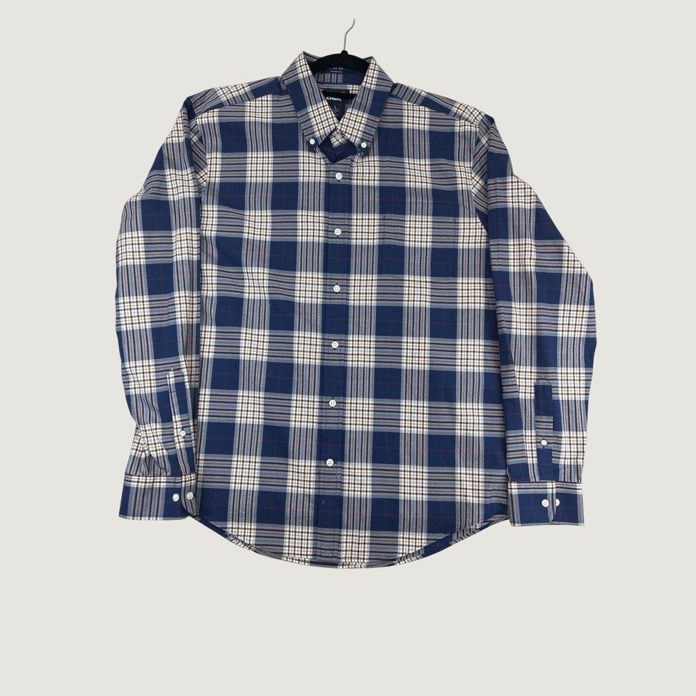 Lands' End Button Down Shirt Mens L Navy Blue Plaid No Iron Twill Tailored Fit